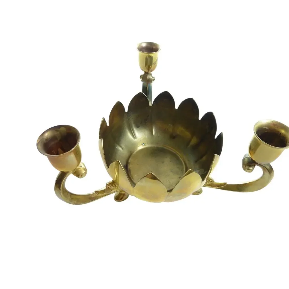 Vintage Leonards Brass Lotus Candle Holder 3 Arm Candelabra Hollywood Regency